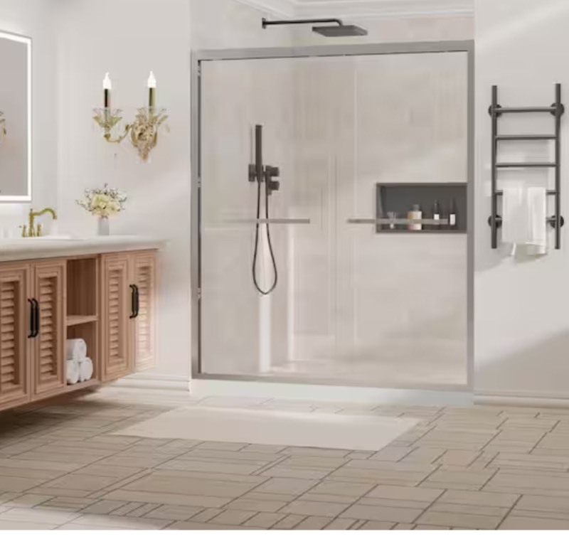 lot 13 image: 48 in. - 54 in. W x 72 in. H Double Sliding Framed Shower Door with Nano-Coated Clean Tempered Glass in Brushed Nickel