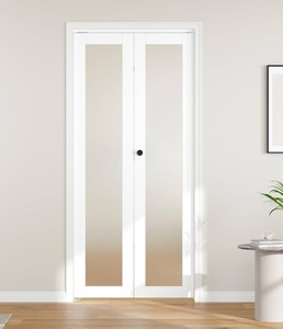 lot 66 image: Full Mirror Core Panels Bifold Barn Door 24 (12 x 2) x 84 and 29 Track Kit Included, Paintable White Primed Finished Bi Fold Barn Door for Interior, H-Shape Bifold Sliding Barn Door Retails $289