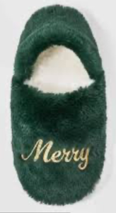lot 42735 image: Green Plush Merry Holiday Slipper and two soft storage totes.