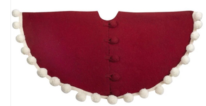 lot 42740 image: Two Red Felt Christmas Tree Skirts with Pom Poms and Gold Stocking Holders Set