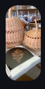 lot 42882 image: Handwoven Rattan Decorative Basket and wall art