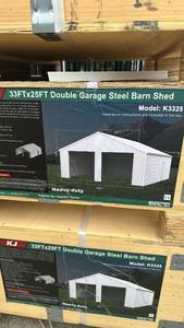lot 6347 image: K3325 - 33ft x 25ft, (2-Box Set) Heavy-Duty Double Garage Steel Barn Shed - Unused