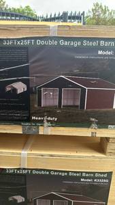 lot 6403 image: K3325G - 33ft x 25ft, (2-Box Set) Heavy-Duty Double Garage Steel Barn Shed - Unused