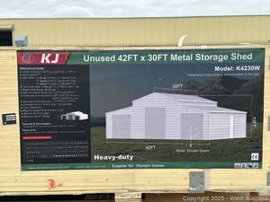 lot 6411 image: K4230W - KJ - 42ft x 30ft Metal Storage Shed (2-Box Set) - Unused