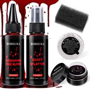 lot 15558 image: 4PCS Halloween Fake Blood Kit �� Dripping Fresh Blood, Dark Spray Blood, Coagulated Gel, Cleansing Soap, Stipple Sponge �� Realistic Washable SFX Makeup for Zombie, Vampire Monster & Cosplay (missing soap) - Retail $10