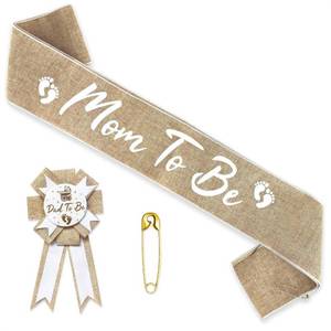 lot 15561 image: Mom to Be Sash Baby Shower - Stylish Baby Shower Sash & Dad to Be Pin, Elegant Boho Style, Tear & Stain Resistant Burlap & Adjustable Pin - Universal Accessories for Boy & Girl Gender Reveal Parties - Retail $8