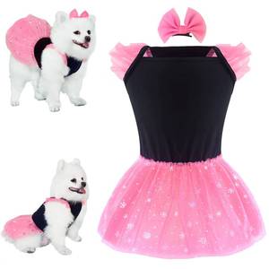 lot 15573 image: Summer Dog Dress, Stretchy Dog Tulle Dresses, Lace Pet Princess Skirt with Ruffle Sleeves, Puppy Clothes for Small Medium Dogs Girl(Black, Pink)