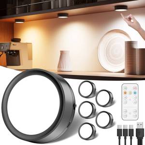 lot 15586 image: Rechargeable Puck Lights with Remote Control, 2400mAh Battery Powered LED Push Lights Stick On for Closet Magnetic Tap Light USB Display Shelf Lighting Kitchen Under Cabinet Press Button Light  - Retail $35