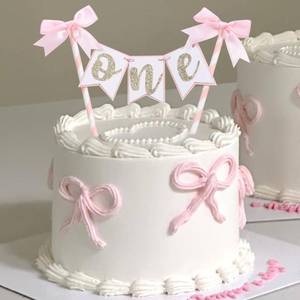 lot 15615 image: Pink Bow Ribbon Cake Topper - Bow Birthday Cake Topper,Coquette Themed Party Supplies, Shes Tying The Knot, Bow 1st Birthday Cake Smash - Retail $15