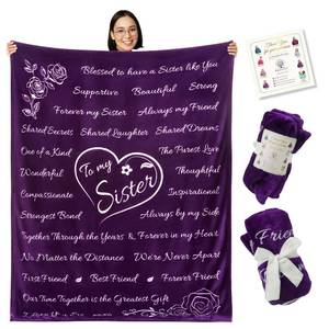 lot 15630 image: Birthday Gifts for Sister -Soft Purple Blanket with Meaningful Words, Sentimental Gift for Sister, Cozy Fleece Throw for Sisters Birthday or Special Occasions - Retail $27