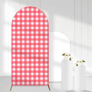 lot 15632 image: Watermelon Red Gingham Arch Backdrop Covers, 6 Ft Pink Stretchy Arch Backdrop Stand Covers, Photography Background White Plaid Arch Stand Cover - Retail $21