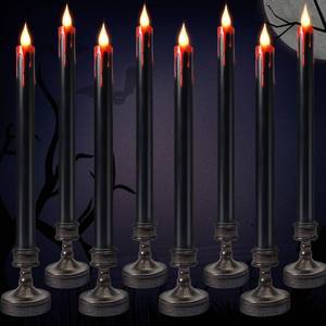 lot 15643 image: 8 Pack Black Halloween Flameless Bleeding Taper Candles Flickering Taper Candlesticks with Stand, LED Drip Wax Candles for Halloween Indoor Fireplace Decoration - Retail $20
