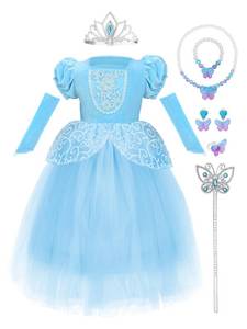 lot 15644 image: Princess Dress for Girls 4-5 Years, Kids Dress Up Costume With Crown Wand, Fancy Outfit Cosplay Birthday Christmas Party Gift, Blue (Dirty, Stain on Arm Sleeves)