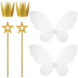 lot 15646 image: 6 Pcs Halloween Girls Fairy Costume Set, Fairy Wings Dress Up Wings Star Wand and Gold Crowns, Halloween Costume Dress Up Accessories 13 Inches Gold Wand Party Crowns Birthday Decorations - Retail $17