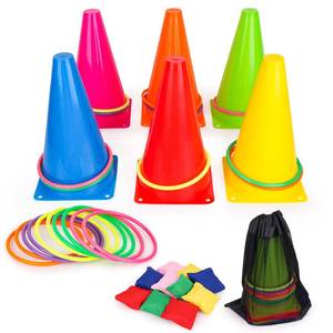 lot 15649 image: 3 in 1 Carnival Games Set, Soft Plastic Cones Cornhole Bean Bags Ring Toss Games for Carnival Kids Birthday Party Indoor Outdoor Games Supplies (missing pieces) only 6cone and 8ring - Retail $18