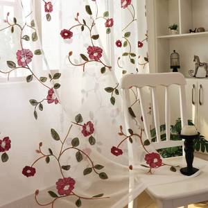 lot 15678 image: 2 Panels Violet Red Flowers Leaves Sheer Curtain Embroidered Window Curtains Gorgeous Drapes for Living Room Bedroom with Rod Pocket 52W X 79L inch