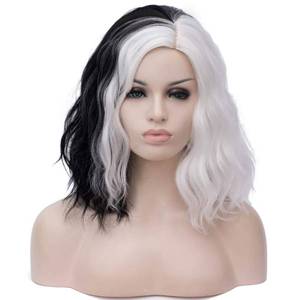 lot 15679 image: Black and White Cruella Deville Wig for Women Cruella Deville Costume Short Curly Wavy Hair Wig Cute Soft Wigs for Costume Party