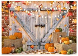 lot 15682 image: Fall Thanksgiving Backdrop Autumn Pumpkin Harvest Barn Background Hay Maple Leaves Baby Shower Banner Supplies Photo Booth Prop 8X6FT YY-2515 - Retail $22
