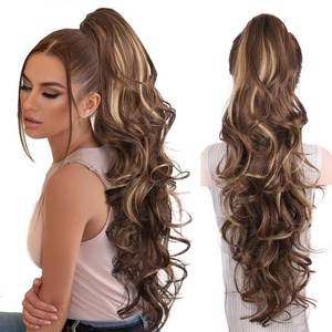 lot 15685 image: Clip on Ponytails for Women - 26 Inch Long Ponytail Extension, Wavy Pony Tails Hair Extensions, Synthetic Hair Extensions Ponytail, Clip in Ponytail (Color Chestnut Brown With Golden Highlights) - Retail $19