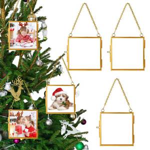 lot 15688 image: 6 Pcs 3.2x3.2 Christmas Brass Picture Frame Ornaments Xmas Metal Double Glass Hanging Photo Frame with Metal Chain for Christmas Tree Decorations(Gold) - Retail $28