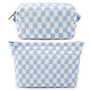 lot 15692 image: 2 Pieces Makeup Bag Large Checkered Cosmetic Bag Capacity Canvas Mix Travel Toiletry Bag Organizer Cute Makeup Brushes Aesthetic Accessories Storage Bag for Women, Checkered Mix Blue - Retail $12