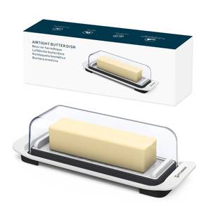 lot 15693 image: Airtight Butter Dish with Lid for Countertop and Refrigerator Door Shelf, Butter Keeper, Plastic Butter Holder Tray Container for WestEast Coast Butter, White - Retail $8
