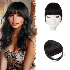 lot 15696 image: Real Human Hair Clip in Bangs - Natural Black Clip in Human Hair Bangs for Women - Natural Black Thick Bangs Extensions Fringe with Temples Real Hair Bangs Hairpieces - Retail $18