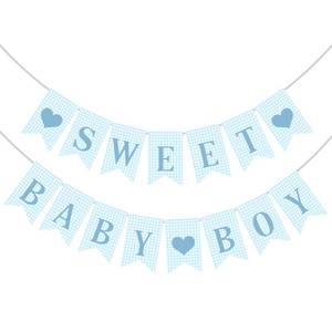 lot 15710 image: 1 Pcs Pre Strung Blue Gingham Sweet Baby Boy Banner Blue Boy Baby Shower Banner Decorations for Gender Reveal Party Decor Supplies Table Wall Mantel Photo Props - Retail $10