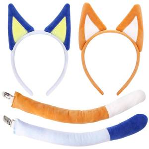 lot 15718 image: 4 Pcs Dog Ears and Tail Set for Adult, Plush Dog Ears Headband Halloween Costume Accessories Party Animal Cosplay Blue, Orange