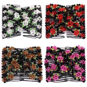 lot 15720 image: 4 Pcs Magic Easy Stretching Combs for Women, Hair Bun Makers, Elastic Beaded Hair Clips for Styling (Rose) - Retail $12