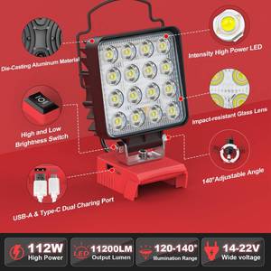 1PCS Cordless LED Work Light Compatible with Milwaukee 18v Battery,112W 11200 Lumens Battery Powered LED Flood Light Only, with USB & Type-C Charging for Emergency, Workshop, Outdoor - Retail: $36