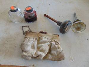 lot 2502 image: Vintage Ink Bottles - Door Knobs - Beaded purse