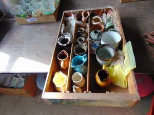 lot 2536 image: Wooden CrateBox with Small pieces of Marked Pottery