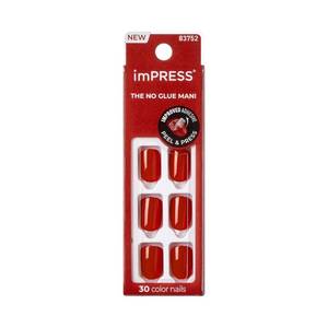 lot 2607 image: KISS imPRESS Color Polish-Free Solid Color Press-On Nails, PureFit Technology, Short Length, Reddy or Not, Includes Prep Pad, Mini Nail File, Cuticle Stick and 30 Fake Nails - Retail $8