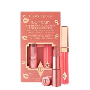 lot 2627 image: Charlotte Tilbury Icon Baby Lip Duo Kit - Mini K.I.S.S.I.N.G Satin Shimmer Lipstick & Full Size Hall of Fame High Shine Gloss Set - Hydrating Long Lasting Makeup Duo for On-the-Go Glossy Shine - Retail $20