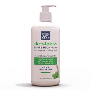 lot 2646 image: Kiss My Face De-Stress Hand & Body Lotion - Peppermint  Clary Sage - Soothing Rhodiola Rosea - With Hemp Seed Oil & Ashwagandha - Vegan & Cruelty-Free - 16 fl oz Bottle - Retail $11