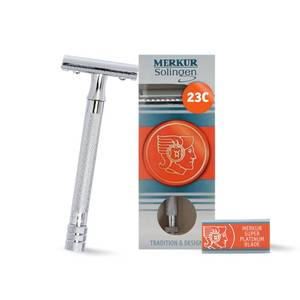 lot 2664 image: MERKUR 23C Double Edge Safety Razor - Polished Chrome, Long Knurled Brass Handle, Made in Germany, Plastic-Free, Three Piece Design, Closed Comb, Straight Bar - Retail $36