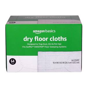 lot 2676 image: Amazon Basics Dry Sweeping Cloths to Clean Dust, Dirt, Pet Hair, Fits Swiffer Sweeper Mop Heads, 64 Count (Pack of 1) - Retail $13