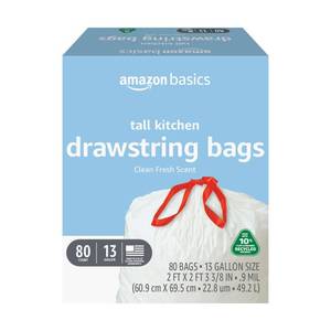lot 2685 image: Amazon Basics 13 Gallon Tall Kitchen Drawstring Trash Bags, Clean Fresh Scent, 10% Post Consumer Recycled, 80 count - Retail $13