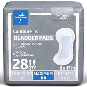 lot 2700 image: Medline ContourPlus Bladder Control Pads, Maximum Absorbency, 6.5 x 13.5 Inches, Bag of 28 - Retail $10