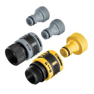 lot 2702 image: Melnor 65134AMZ 5 Piece Quick Connect Starter Set Connector Bundle, Product and Faucet Adapter, Product End and Faucet End Connector, Black, Yellow, Grey - Retail $14