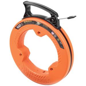 lot 2746 image: Klein Tools 56335 Flat Steel Electrical Fish Tape, 25-Foot 14-Inch Wide Spring Steel Tape, Slim Plastic Tip, Laser Etched 1-Foot Markings - Retail $17