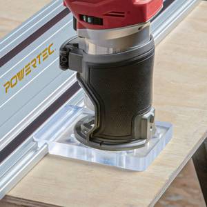 lot 2763 image: POWERTEC Guide Rail Adapter for Fixed Base Trim Routers. Fits Fixed Base DeWalt, Makita & Milwaukee. Connects to WEN, Makita & Milwaukee Guide Rails & 71550, 71153, 71387 (71921) - Retail $16
