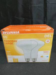 lot 2771 image: Sylvania LED Flood BR30 Light Bulb, 65W Equivalent Efficient 9W, 10 Year, 650 Lumens, Dimmable, 2700K, Soft White - 2 Pack (73954) - Retail $10