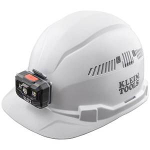 lot 2825 image: Klein Tools 60113RL Hard Hat, Rechargeable Headlamp, Vented, Cap Style, Padded Self-Wicking Odor-Resistant Sweatband, White - Retail $60