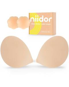 lot 2830 image: Niidor Adhesive Bra Strapless Sticky Invisible Push up Silicone Bra for Backless Dress with Nipple Covers Nude(B Cup) - Retail $25