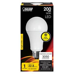 lot 2850 image: Feit Electric A21 LED Light Bulb, 200W Equivalent, Non-Dimmable, 3050 Lumens, E26 Standard Base, 3000k Bright White, High Output LED Bulb, Damp Rated, 22 Year Lifetime, OM200830LED - Retail $7