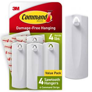 lot 2881 image: Command Sawtooth Picture Hangers, 4 Frame Hangers and 8 Command Strips, Damage-Free Hanging Sawtooth Frames, No Tools Wall Hooks for Christmas Decorations, Holds up to 4 lb - Retail $12
