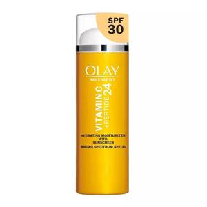 lot 3054 image: Olay Super Cream with Sunscreen SPF 30, Trial Size, Lightweight Face Moisturizer with Sun Protection, 5-in-1 Skin Care Benefits - Hydrating, Brightening, Firming - Niacinamide, Vitamin C, 15 mL - Retail $24