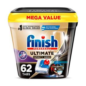 lot 3147 image: Finish Ultimate Infinity Shine Dishwasher Pods, No Pre-Rinse Dishwasher Detergent Soap Removes Burnt-On Stain, with Protector Shield &amp CycleSync Technology, Degreasing &amp Scrubbing Power, 62 Count&nbsp